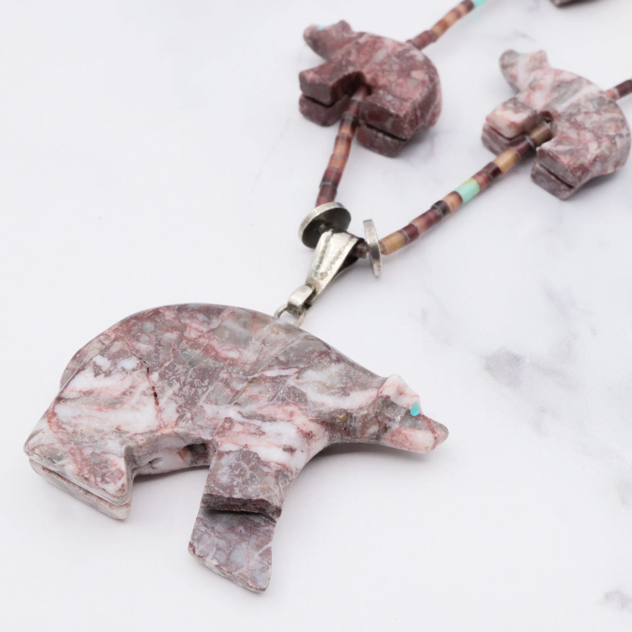 Native American carved rhodonite bear fetish necklace w/ heishi and turquoise beads, 32"